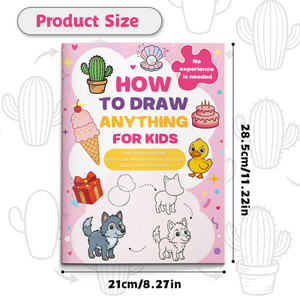 Children's drawing activity book with easy sketching steps for animals, treats, and gifts