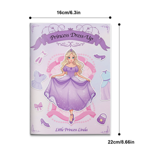 Purple princess dress-up sticker activity book for kids with outfit matching