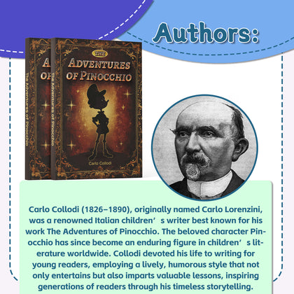 Printed Pinocchio children's literature books with ornate fantasy artwork