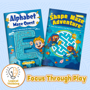 Alphabet and Shape Maze Adventure Book Set for Kids, Early Learning Maze Activity Bundle for Letter Recognition, Shape Skills, Pencil Control, Visual Thinking, and Preschool Fun