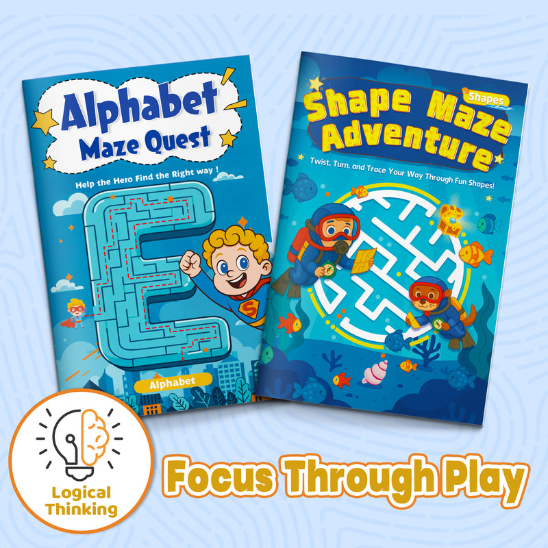 Alphabet and Shape Maze Adventure Book Set for Kids, Early Learning Maze Activity Bundle for Letter Recognition, Shape Skills, Pencil Control, Visual Thinking, and Preschool Fun
