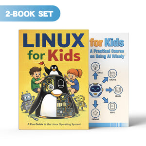 AI for Kids Practical Guide + Linux for Kids Computer Learning Guide: 2-Book Set main cover and printed book set view, image 1, bundle ISBN 9798900669359