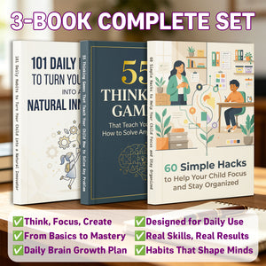 60 Simple Hacks to Help Your Child Focus a + 55 Thinking Games to Teach Your Child Prob + 101 Daily Habits for Young Innovators: 3-Book Set main cover and printed book set view, image 1, bundle ISBN 9798904661724