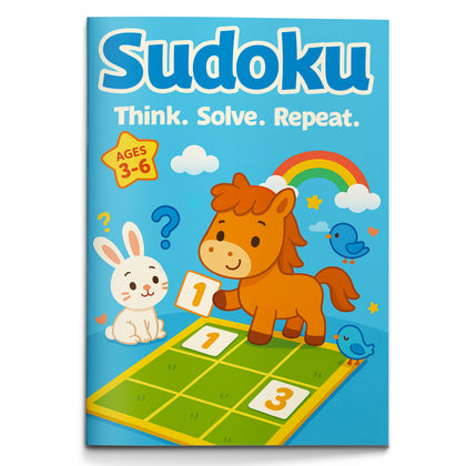 Four printed sudoku books with animal covers for ages 3-6, 6-9, 9-12, and 12 plus