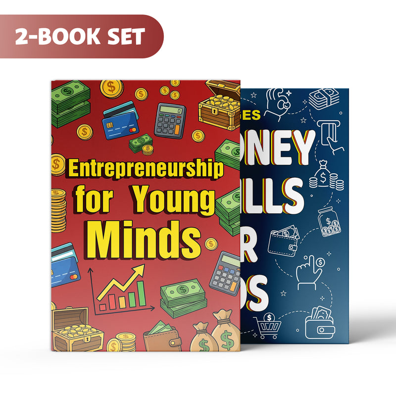Entrepreneurship for Young Minds Business + Money Skills for Kids Ages 7-14: 2-Book Set main cover and printed book set view, image 1, bundle ISBN 9798900665368