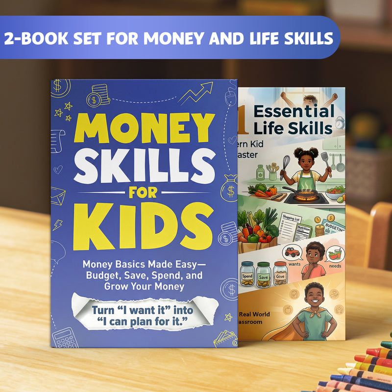 Money Skills for Kids Smart Money Planning + 101 Essential Skills Every Modern Kid Need: 2-Book Set main cover and printed book set view, image 1, bundle ISBN 9798900669304
