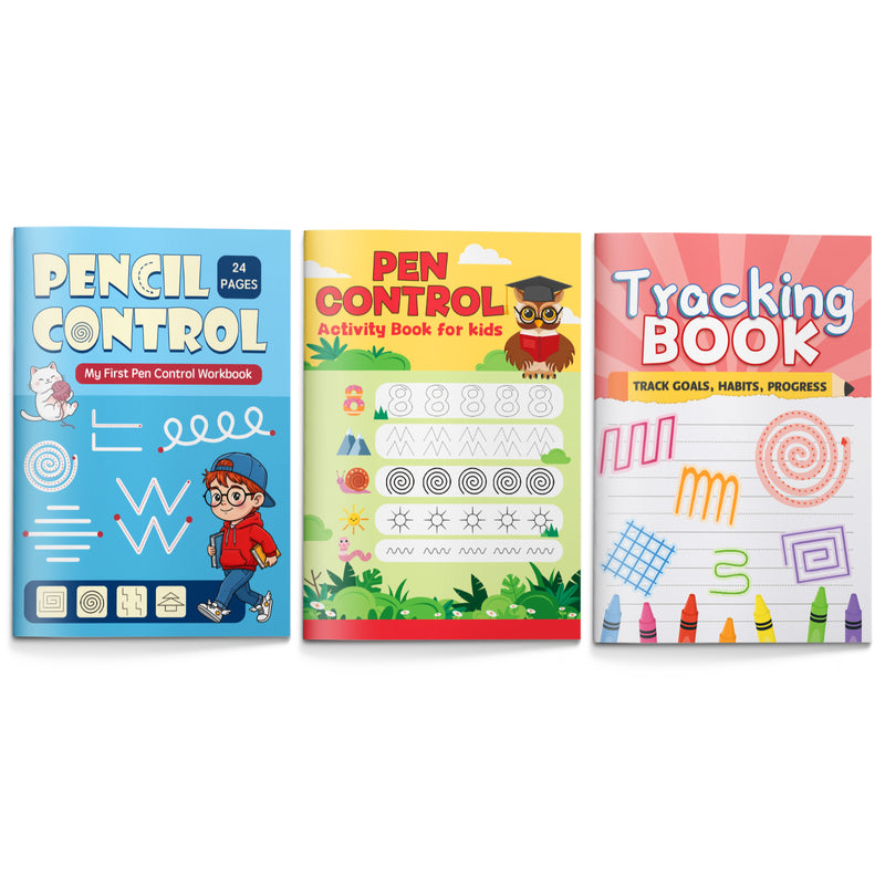 Tracing Patterns Workbook for Kids + Pre-writing Skills Workbook for Kids + Fine Motor Skills Tracing Book for Kids: 3-Book Set main cover and printed book set view, image 1, bundle ISBN 9798900663234