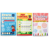 Tracing Patterns Workbook for Kids + Pre-writing Skills Workbook for Kids + Fine Motor Skills Tracing Book for Kids: 3-Book Set main cover and printed book set view, image 1, bundle ISBN 9798900663234