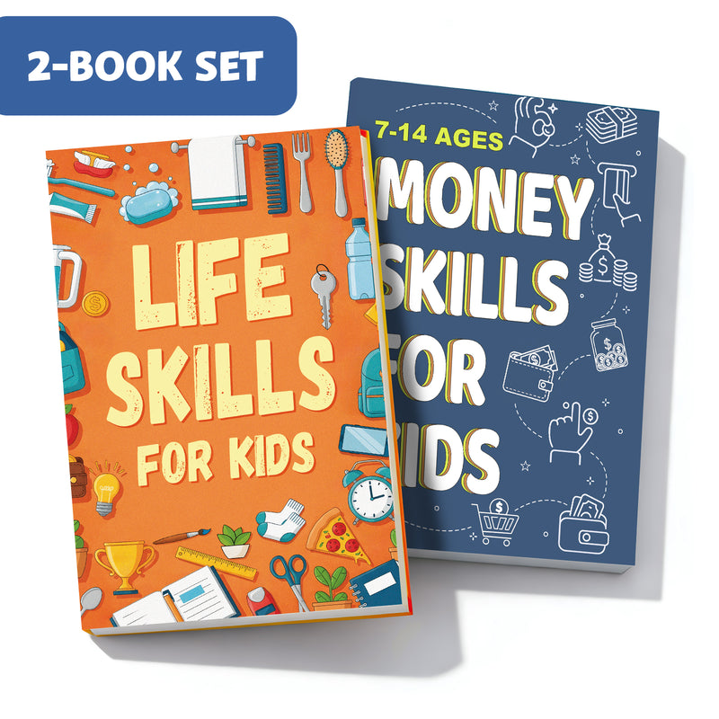Life Skills for Kids Practical Learning Bo + Money Skills for Kids Ages 7-14: 2-Book Set main cover and printed book set view, image 1, bundle ISBN 9798900664521