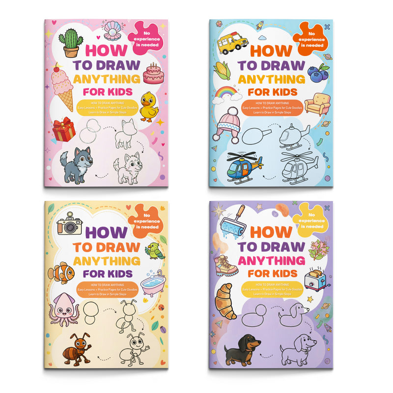How to Draw Anything for Kids 4-Book Set, Easy Step by Step Drawing Activity Books for Children, Cute Doodle and Sketch Practice Collection