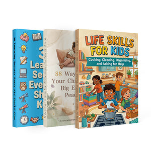 88 Ways to Help Your Child Manage Big Emot + Life Skills for Kids Cooking Cleaning and + 30 Learning Secrets Every Kid Should Know: 3-Book S main cover and printed book set view, image 1, bundle ISBN 9798900666624