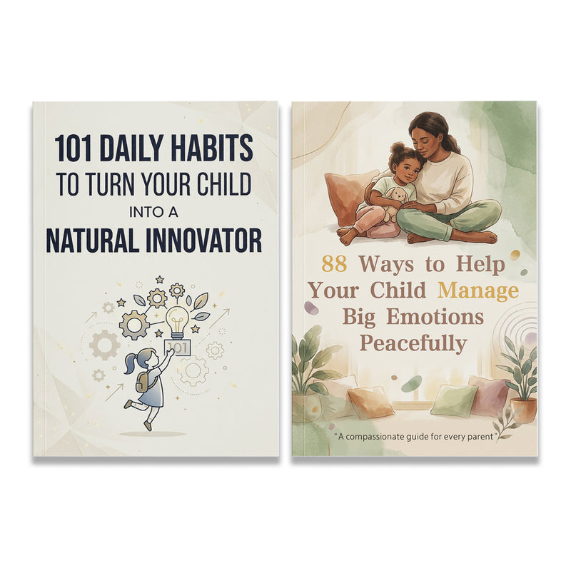 88 Ways to Help Your Child Manage Big Emot + 101 Daily Habits for Young Innovators: 2-Book Set main cover and printed book set view, image 1, bundle ISBN 9798904661021