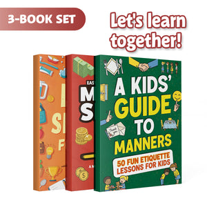 50 Fun Etiquette Lessons for Kids + Money Skills for Kids Saving Spending and + Life Skills for Kids Practical Learning Bo: 3-Book Set main cover and printed book set view, image 1, bundle ISBN 9798900665443