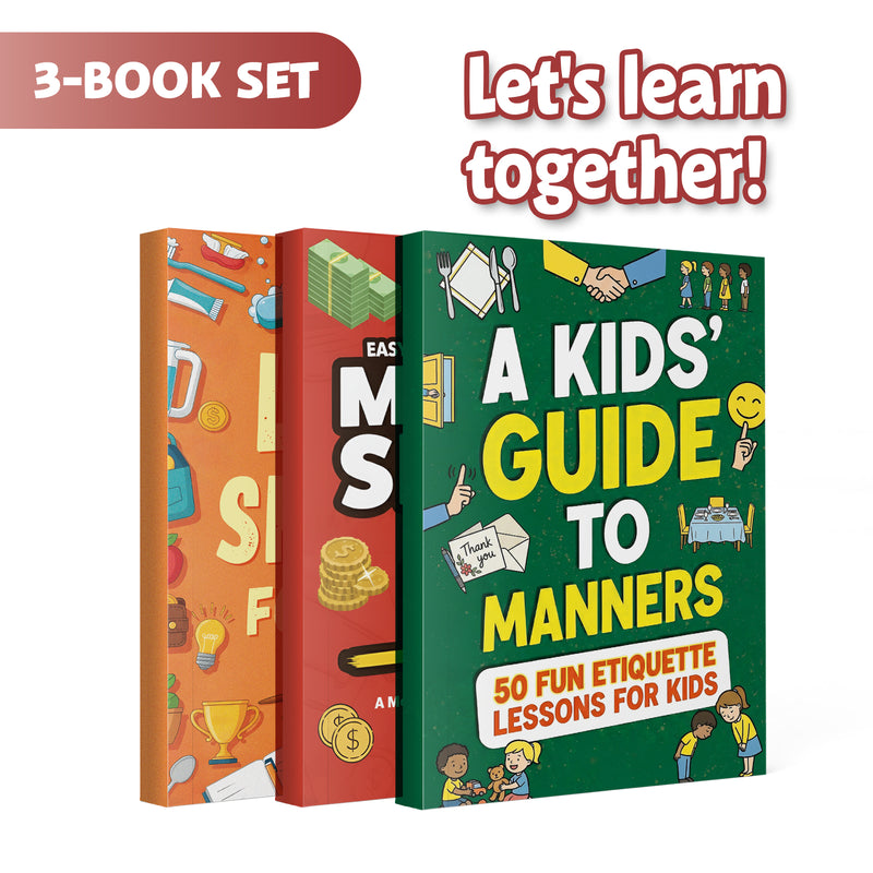 50 Fun Etiquette Lessons for Kids + Money Skills for Kids Saving Spending and + Life Skills for Kids Practical Learning Bo: 3-Book Set main cover and printed book set view, image 1, bundle ISBN 9798900665443
