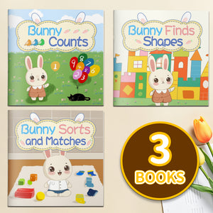 Bunny Counts Early Learning Book for Kids + Bunny Finds Shapes Early Learning Book + Bunny Sorts and Matches Early Learning Boo: 3-Book Set main cover and printed book set view, image 1, bundle ISBN 9798900666952