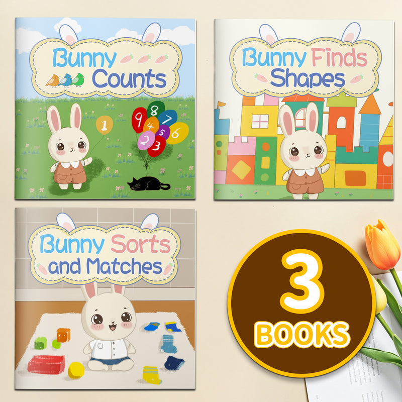 Bunny Counts Early Learning Book for Kids + Bunny Finds Shapes Early Learning Book + Bunny Sorts and Matches Early Learning Boo: 3-Book Set main cover and printed book set view, image 1, bundle ISBN 9798900666952