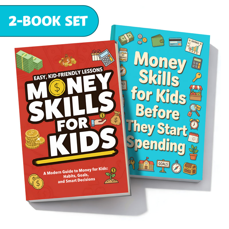 Money Skills for Kids Saving Spending and + Money Skills for Kids Before They Start Sp: 2-Book Set main cover and printed book set view, image 1, bundle ISBN 9798900669168