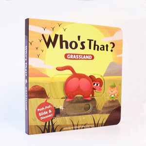 Who's That Grassland push-slide board book cover
