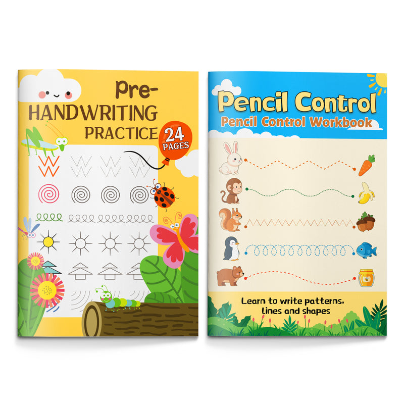 Pencil Control Workbook for Kids + Early Pencil Control Workbook for Kids: 2-Book Set main cover and printed book set view, image 1, bundle ISBN 9798900663241
