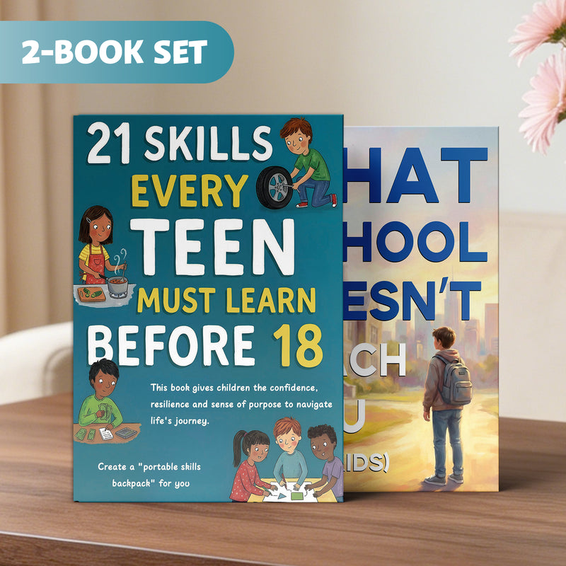 What School Doesn't Teach You for Kids Lif + 21 Skills Every Teen Must Learn Before 18: 2-Book Set main cover and printed book set view, image 1, bundle ISBN 9798900669199