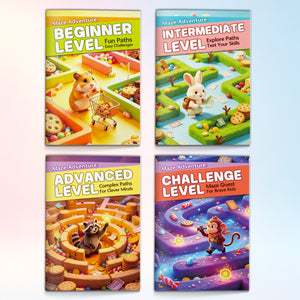 4-Level Maze Activity Workbook Set, Beginner to Challenge Puzzle Practice for Focus, Hand Control, Logic Skills and Problem Solving