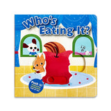 Who's Eating It Push and Pull Board Book cover with bright animal artwork