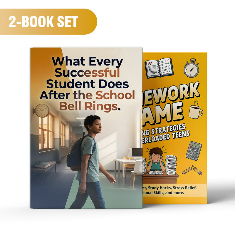 The Homework Game Study Skills Book for Te + After the School Bell Rings Student Succes: 2-Book Set main cover and printed book set view, image 1, bundle ISBN 9798900669991