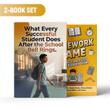 The Homework Game Study Skills Book for Te + After the School Bell Rings Student Succes: 2-Book Set main cover and printed book set view, image 1, bundle ISBN 9798900669991