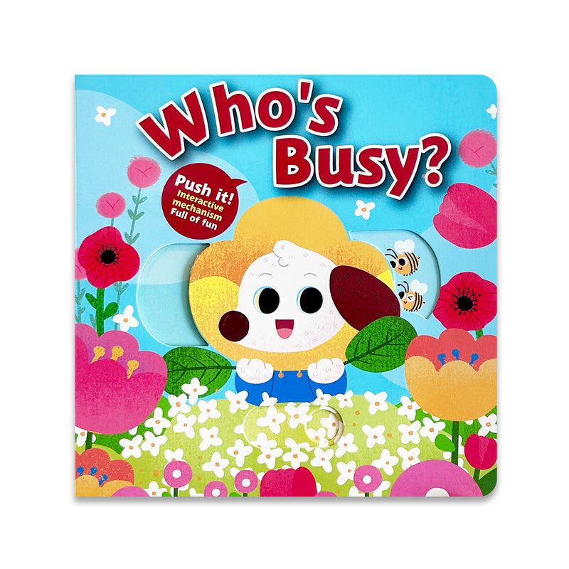 Who's Busy Push and Pull Board Book cover with bright animal artwork