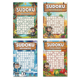 Family using forest Sudoku books for screen-free practice