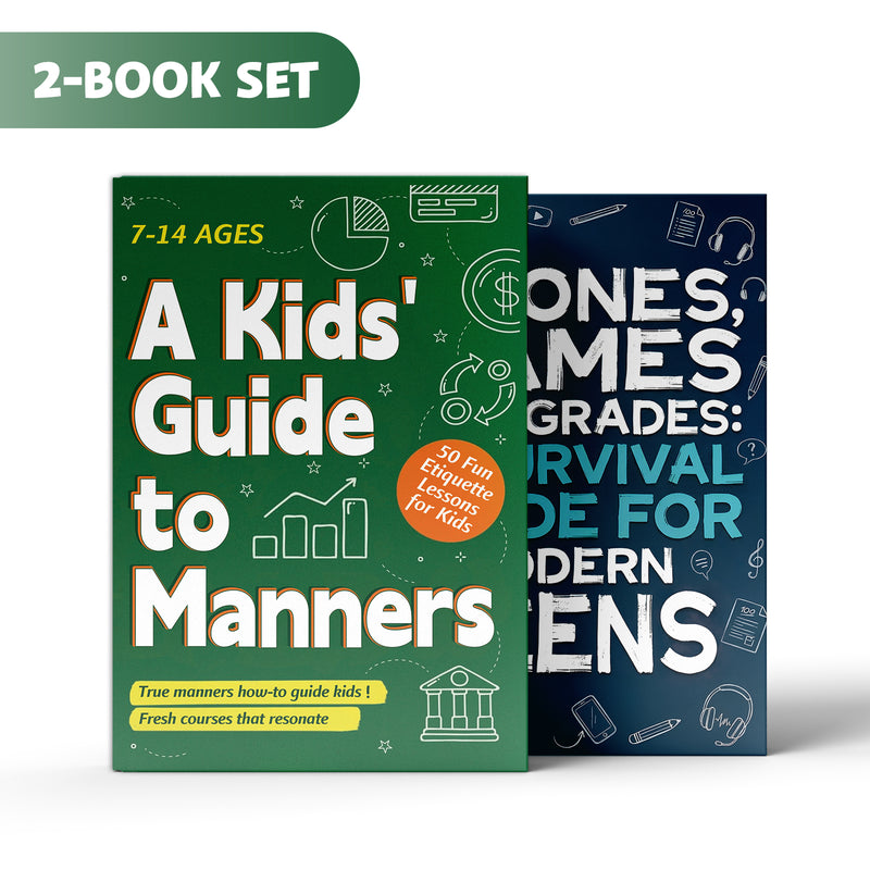 Kids Guide to Manners Ages 7-14 + Phones Games and Grades Survival Guide For: 2-Book Set main cover and printed book set view, image 1, bundle ISBN 9798900665184