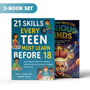 21 Skills Every Teen Must Learn Before 18 + Interesting Facts for Curious Minds: 2-Book Set main cover and printed book set view, image 1, bundle ISBN 9798900665191