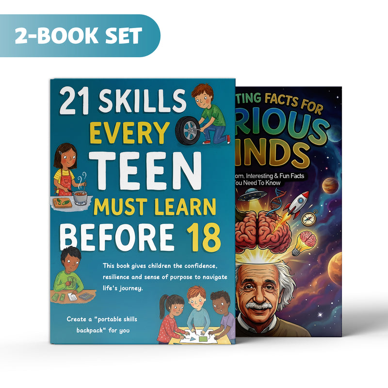 21 Skills Every Teen Must Learn Before 18 + Interesting Facts for Curious Minds: 2-Book Set main cover and printed book set view, image 1, bundle ISBN 9798900665191