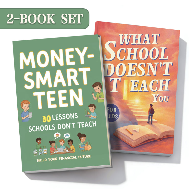 Money-smart Teen Financial Lessons Book + What School Doesn't Teach You for Kids Rea: 2-Book Set main cover and printed book set view, image 1, bundle ISBN 9798900668482