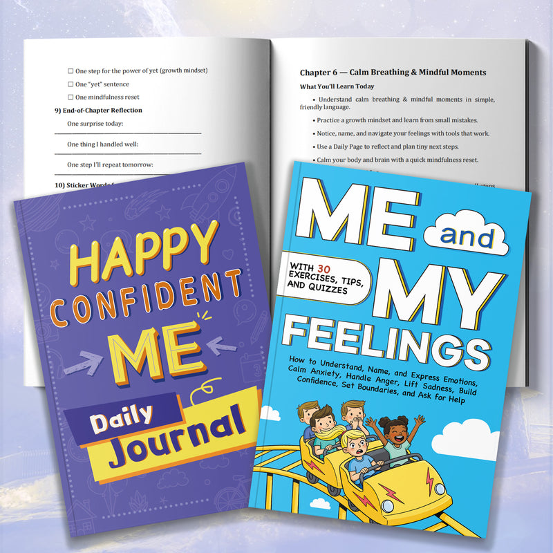 Happy Confident Me Daily Journal for Kids + Me and My Feelings Emotional Wellness Work: 2-Book Set main cover and printed book set view, image 1, bundle ISBN 9798900663548