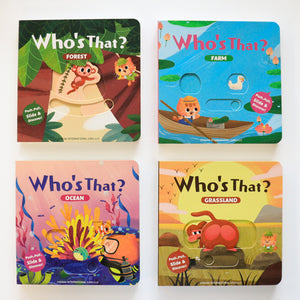 Who's That 4-book push pull slide animal board book set for toddlers cover