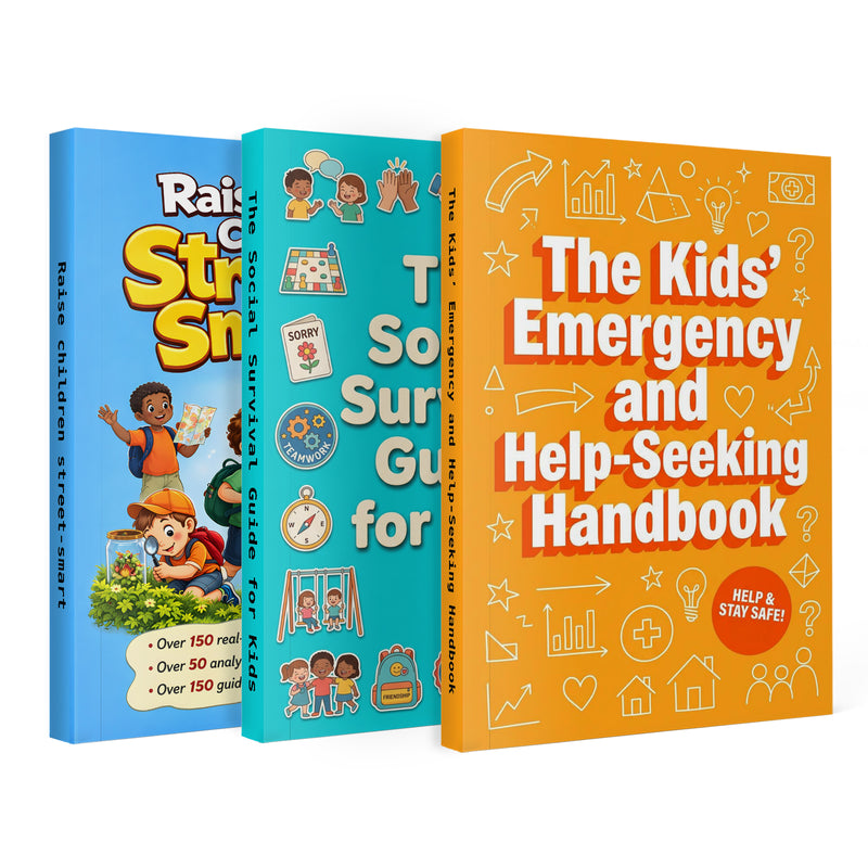 The Social Survival Guide for Kids + Raise Children Street-smart + the Kids Emergency and Help-seeking Handbo: 3-Book Set main cover and printed book set view, image 1, bundle ISBN 9798900666631