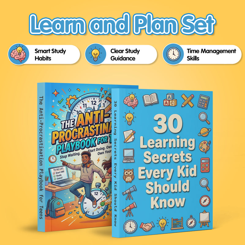 The Anti-procrastination Playbook for Teen + 30 Learning Secrets Every Kid Should Know: 2-Book Set main cover and printed book set view, image 1, bundle ISBN 9798904660635