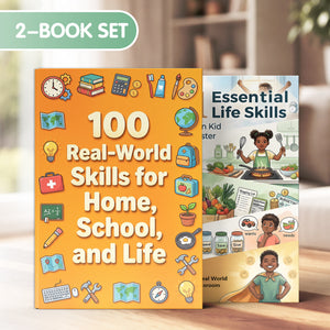 100 Real-world Skills for Home School and + 101 Essential Skills Every Modern Kid Need: 2-Book Set main cover and printed book set view, image 1, bundle ISBN 9798900669670