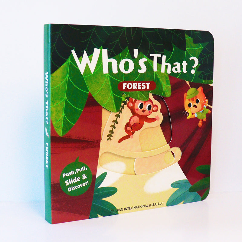Who's That Forest push-slide board book cover