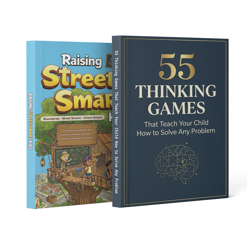 Raising Street-smart Kids Comic Edition + 55 Thinking Games to Teach Your Child Prob: 2-Book Set main cover and printed book set view, image 1, bundle ISBN 9798900669946