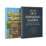 Raising Street-smart Kids Comic Edition + 55 Thinking Games to Teach Your Child Prob: 2-Book Set main cover and printed book set view, image 1, bundle ISBN 9798900669946