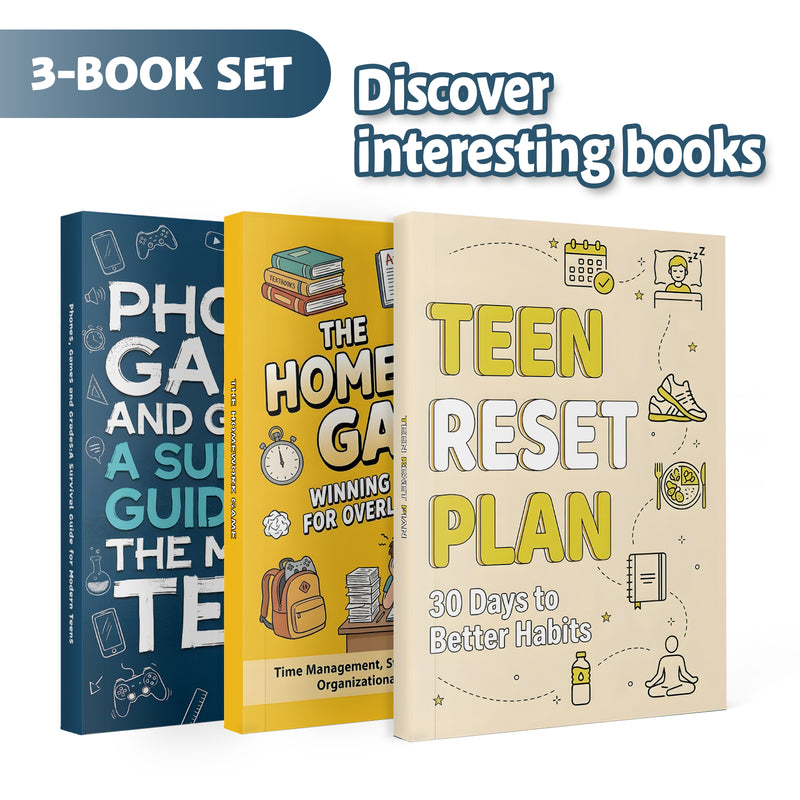 Teen Reset Plan 30 Days to Better Habits + Phones Games and Grades Survival Guide for + the Homework Game Study Skills Book for Te: 3-Book S main cover and printed book set view, image 1, bundle ISBN 9798900665856