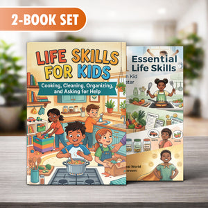101 Essential Skills Every Modern Kid Need + Life Skills for Kids Cooking Cleaning And: 2-Book Set main cover and printed book set view, image 1, bundle ISBN 9798900669618
