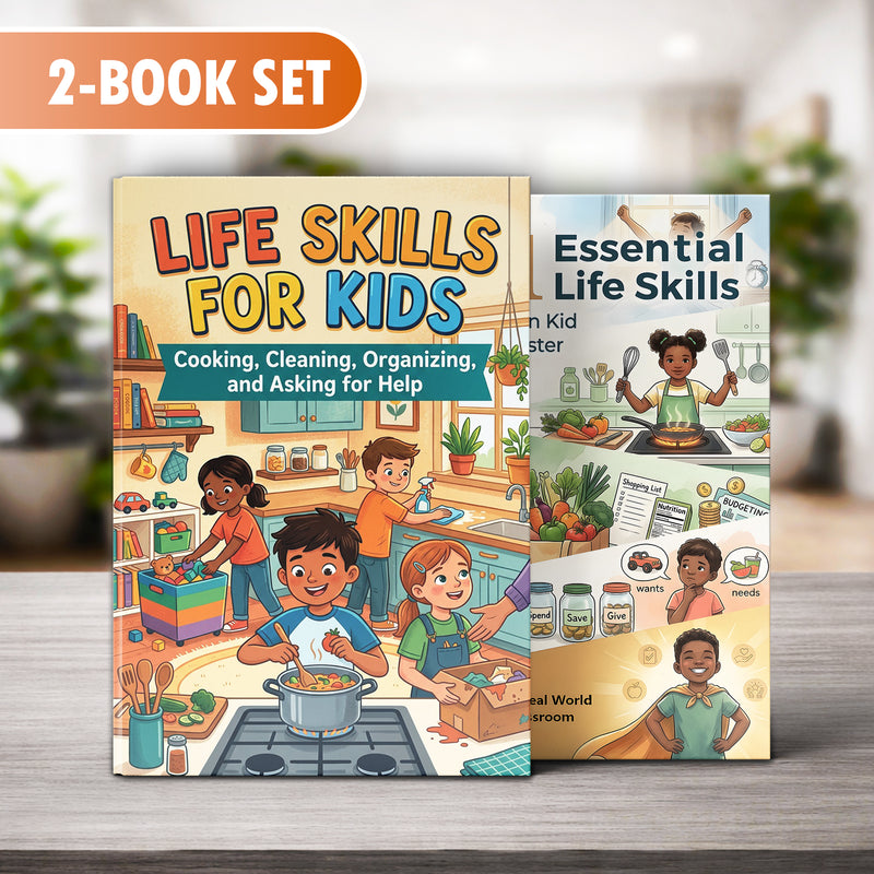 101 Essential Skills Every Modern Kid Need + Life Skills for Kids Cooking Cleaning And: 2-Book Set main cover and printed book set view, image 1, bundle ISBN 9798900669618