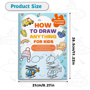 Children's drawing activity book with easy vehicle and everyday object sketching steps