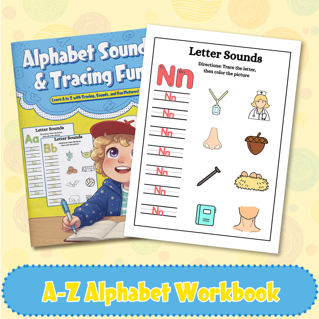 Printed phonics workbook with letter sounds activities