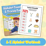 Printed phonics workbook with letter sounds activities