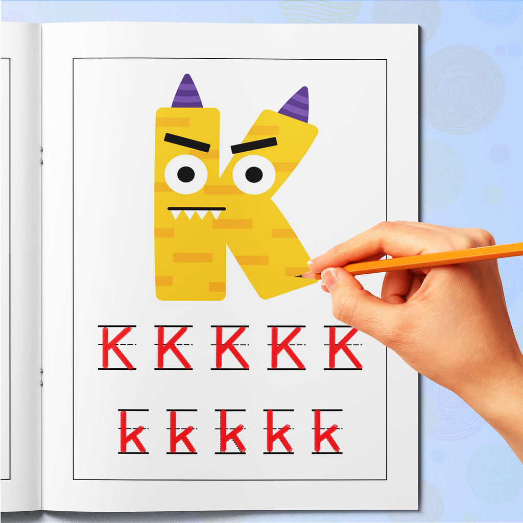 Playful alphabet handwriting book with monsters