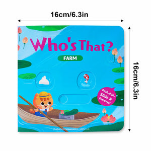 Toddler farm animal board book with push, slide, and discover interaction